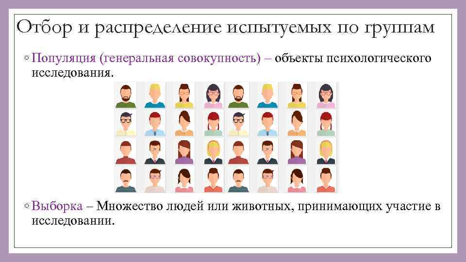 Отбор и распределение испытуемых по группам ◦ Популяция (генеральная совокупность) – объекты психологического исследования.
