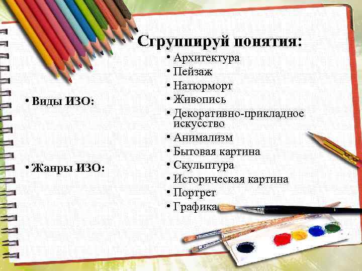 Сгруппируйте понятия архитектура пейзаж натюрморт живопись дпи анимализм бытовая картина