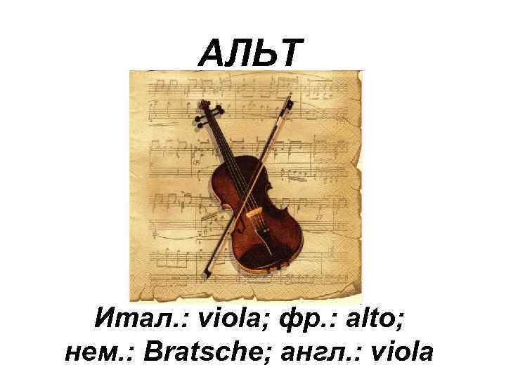 АЛЬТ Итал. : viola; фр. : alto; нем. : Bratsche; англ. : viola 