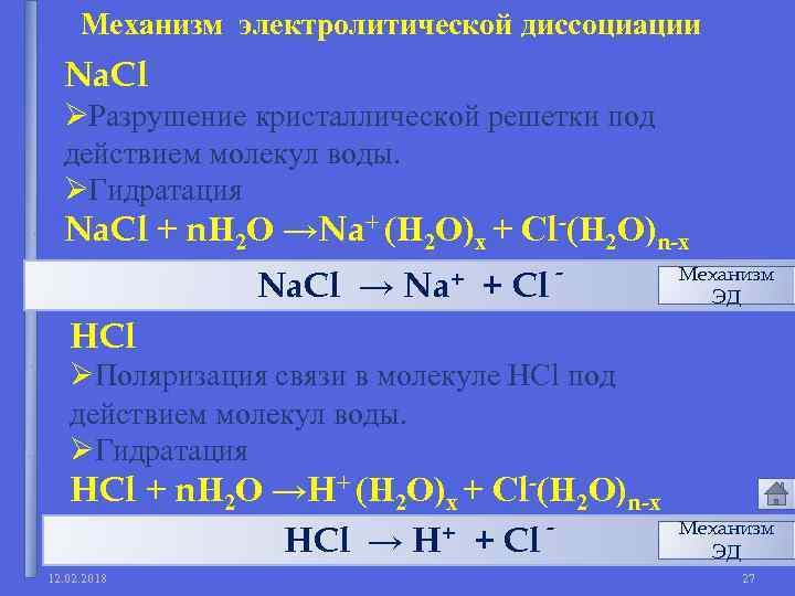 Механизм электролитической диссоциации Na. Cl ØРазрушение кристаллической решетки под действием молекул воды. ØГидратация Na.