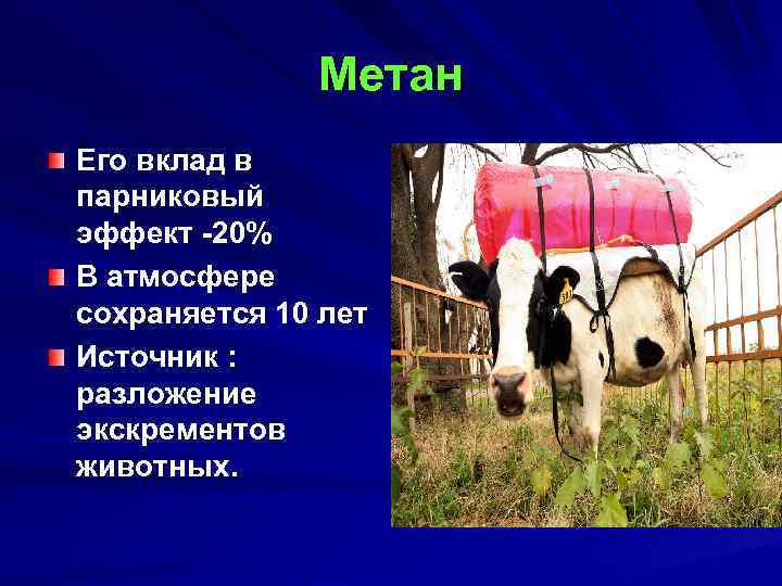 Метан Его вклад в парниковый эффект -20% В атмосфере сохраняется 10 лет Источник :