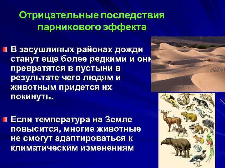 Отрицательные последствия парникового эффекта В засушливых районах дожди станут еще более редкими и они