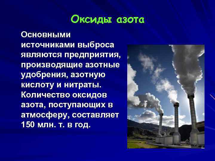 Оксиды азота Основными источниками выброса являются предприятия, производящие азотные удобрения, азотную кислоту и нитраты.