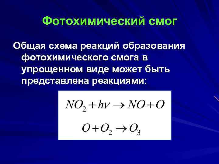 Фотохимический смог Общая схема реакций образования фотохимического смога в упрощенном виде может быть представлена