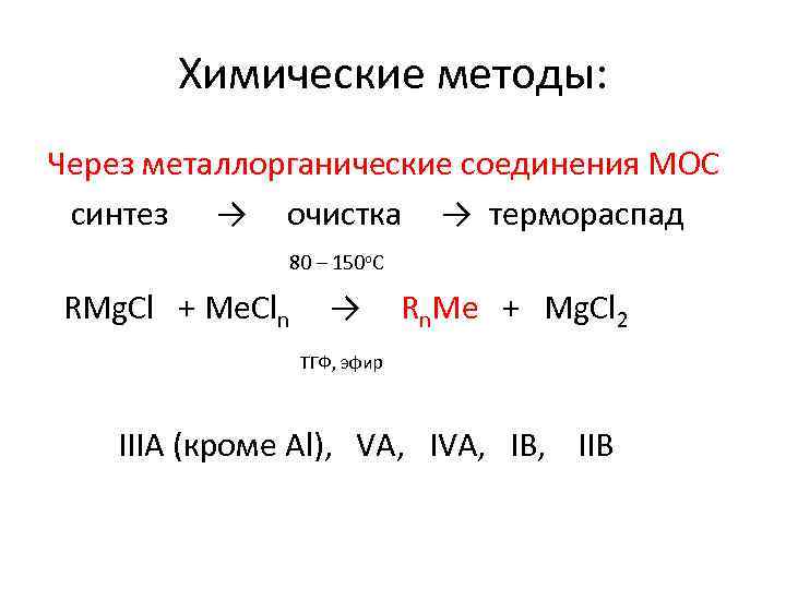 Химические методы: Через металлорганические соединения МОС синтез → очистка → термораспад 80 – 150