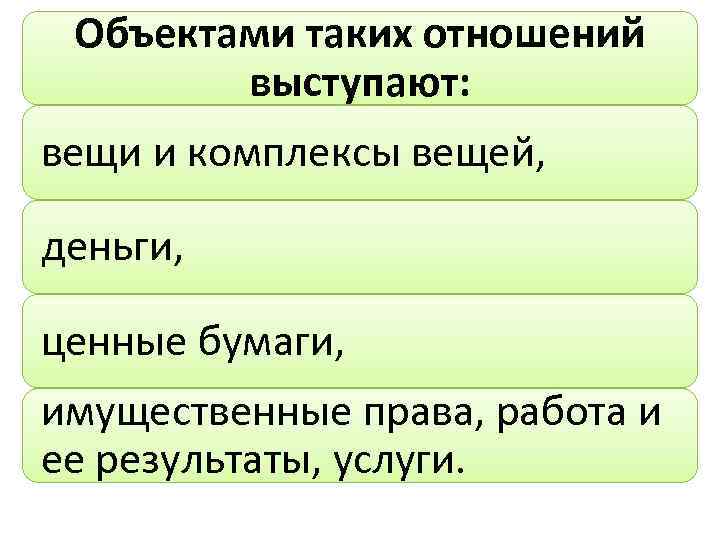 Объектами таких отношений выступают: вещи и комплексы вещей, деньги, ценные бумаги, имущественные права, работа