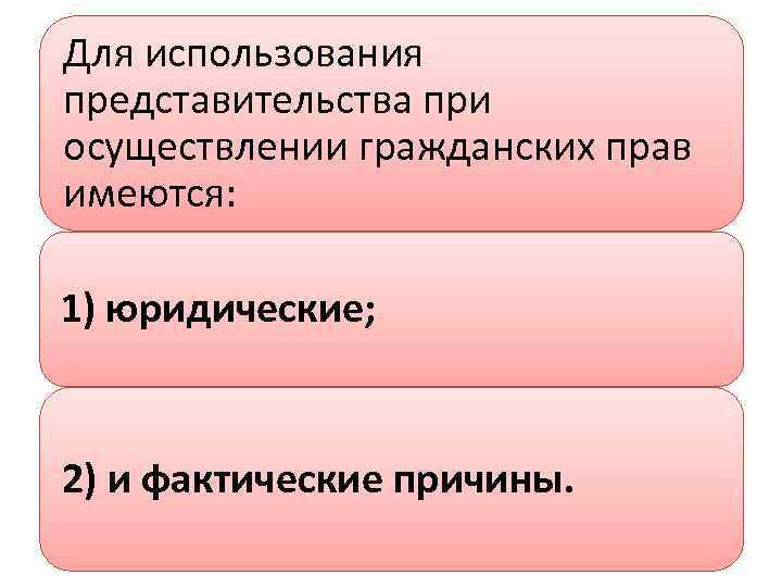 Для использования представительства при осуществлении гражданских прав имеются: 1) юридические; 2) и фактические причины.