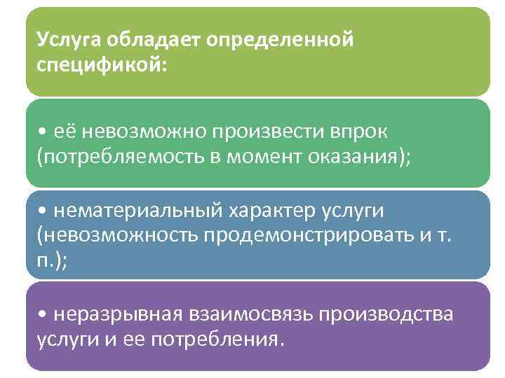 Услуга обладает определенной спецификой: • её невозможно произвести впрок (потребляемость в момент оказания); •