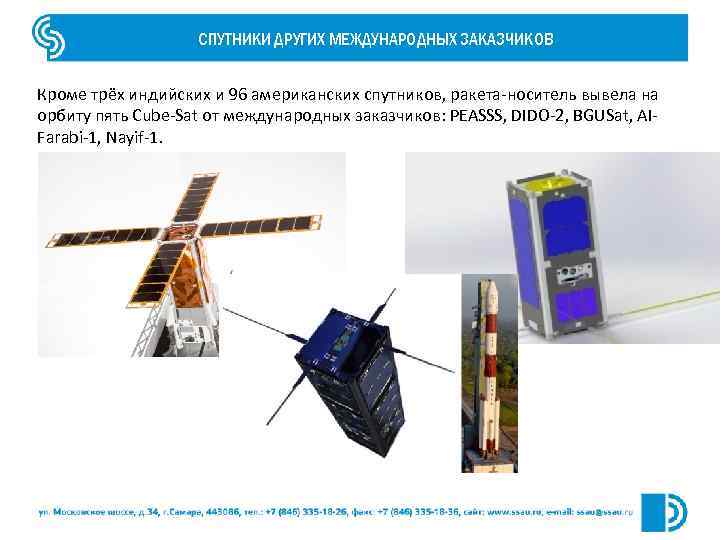 СПУТНИКИ ДРУГИХ МЕЖДУНАРОДНЫХ ЗАКАЗЧИКОВ Кроме трёх индийских и 96 американских спутников, ракета-носитель вывела на