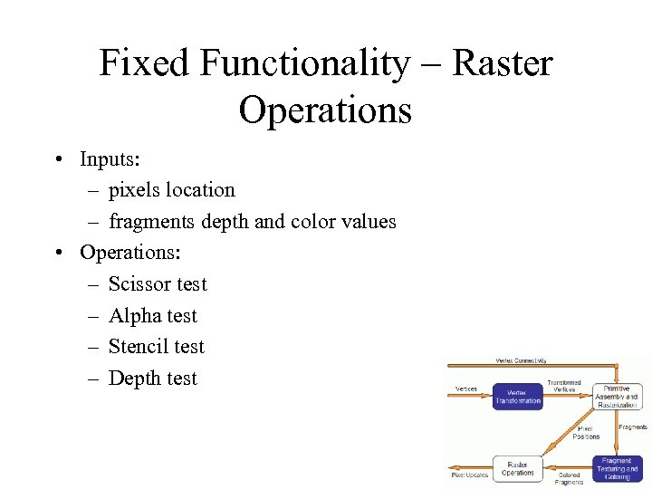 Fixed Functionality – Raster Operations • Inputs: – pixels location – fragments depth and