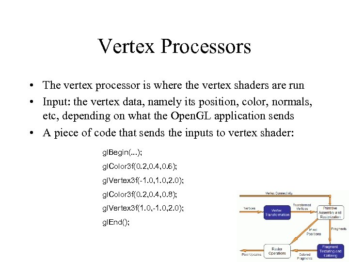 Vertex Processors • The vertex processor is where the vertex shaders are run •