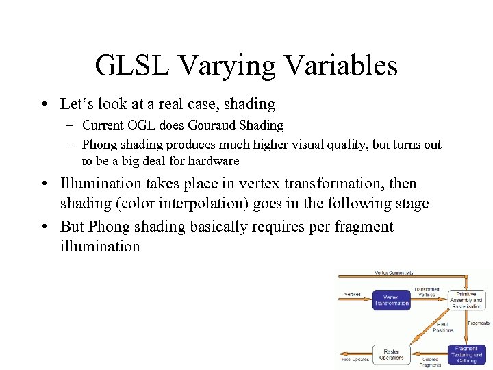 GLSL Varying Variables • Let’s look at a real case, shading – Current OGL