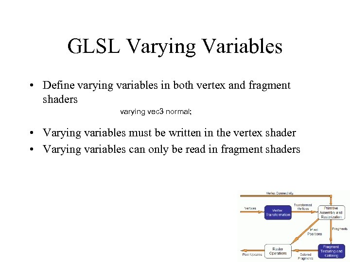 GLSL Varying Variables • Define varying variables in both vertex and fragment shaders varying