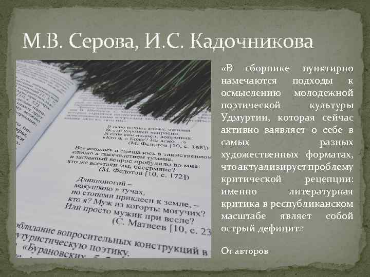 М. В. Серова, И. С. Кадочникова «В сборнике пунктирно намечаются подходы к осмыслению молодежной
