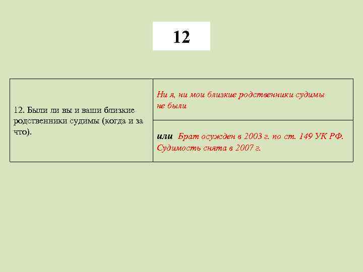 12 12. Были ли вы и ваши близкие родственники судимы (когда и за что).