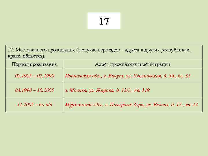 17 17. Места вашего проживания (в случае переездов – адреса в других республиках, краях,