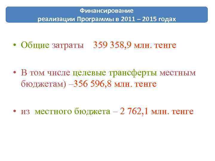 Финансирование реализации Программы в 2011 – 2015 годах • Общие затраты 359 358, 9