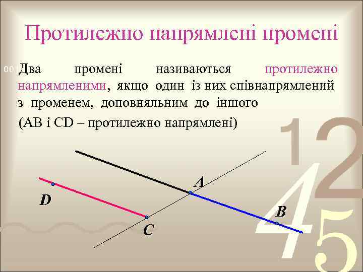 Протилежно напрямлені промені Два промені називаються протилежно напрямленими, якщо один із них співнапрямлений з