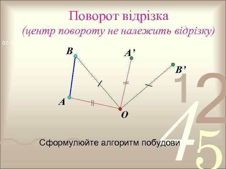 Поворот відрізка (центр повороту не належить відрізку) В А’ B’ А O Сформулюйте алгоритм