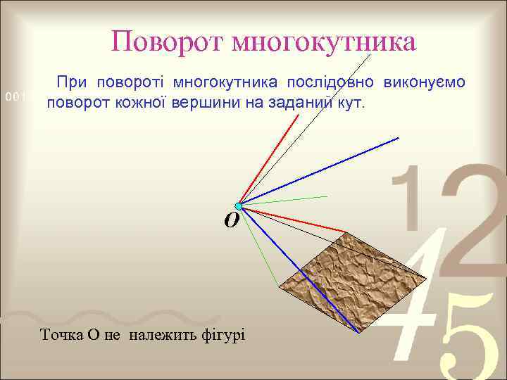 Поворот многокутника При повороті многокутника послідовно виконуємо поворот кожної вершини на заданий кут. O