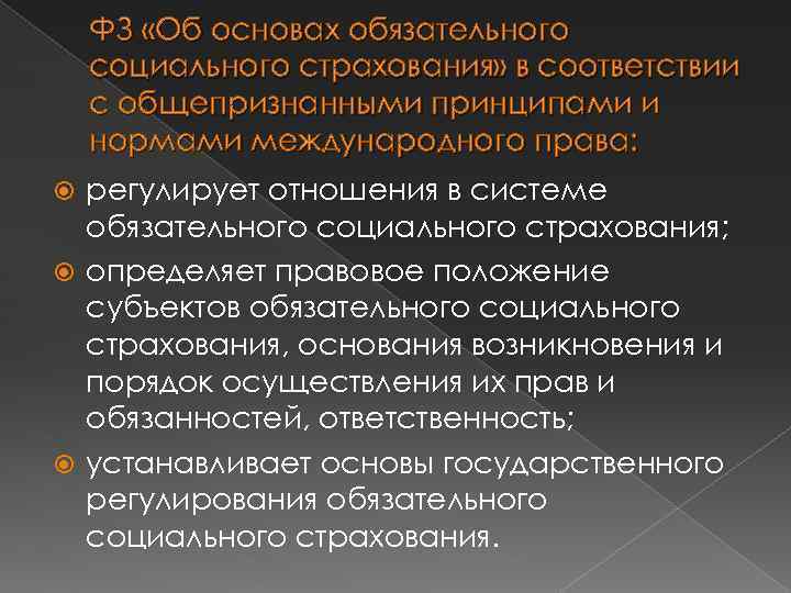 ФЗ «Об основах обязательного социального страхования» в соответствии с общепризнанными принципами и нормами международного