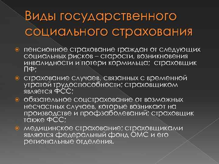 Виды государственного социального страхования пенсионное страхование граждан от следующих социальных рисков – старости, возникновения