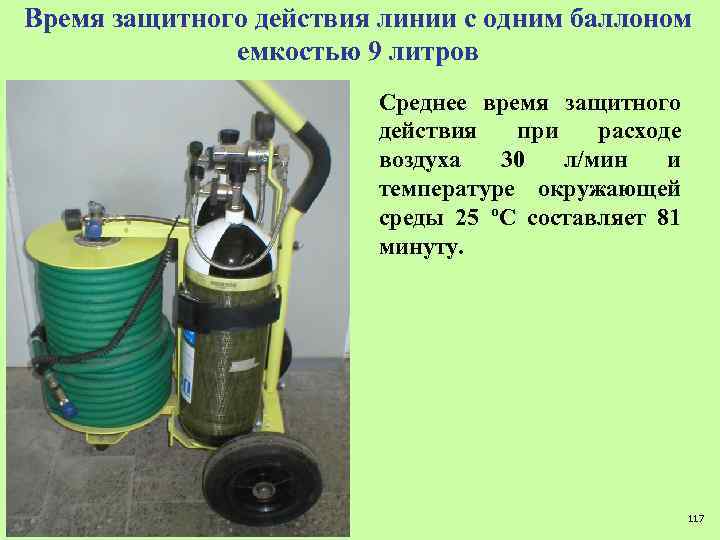 Время защитного действия линии с одним баллоном емкостью 9 литров Среднее время защитного действия