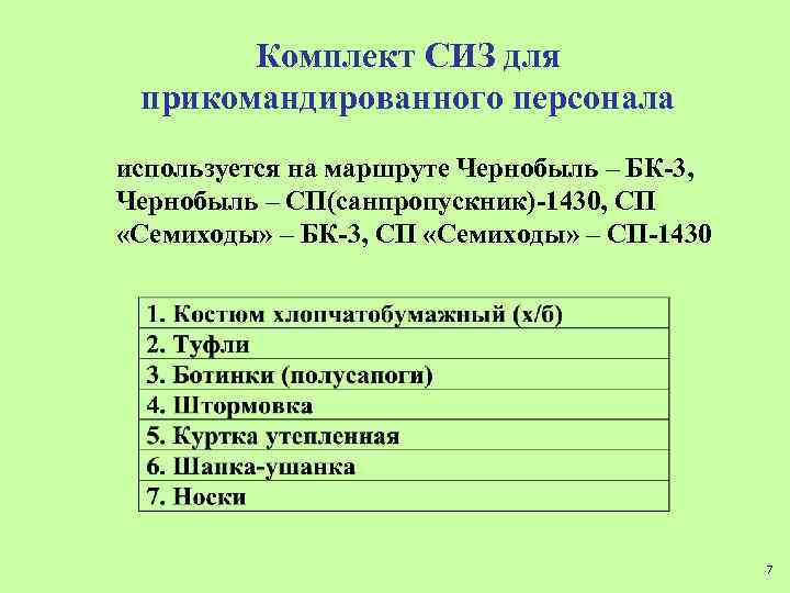 Комплект СИЗ для прикомандированного персонала используется на маршруте Чернобыль – БК-3, Чернобыль – СП(санпропускник)-1430,