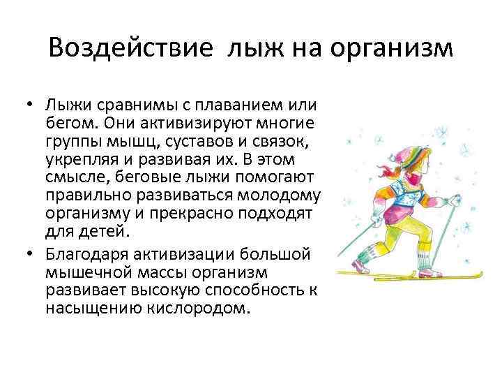 Воздействие лыж на организм • Лыжи сравнимы с плаванием или бегом. Они активизируют многие