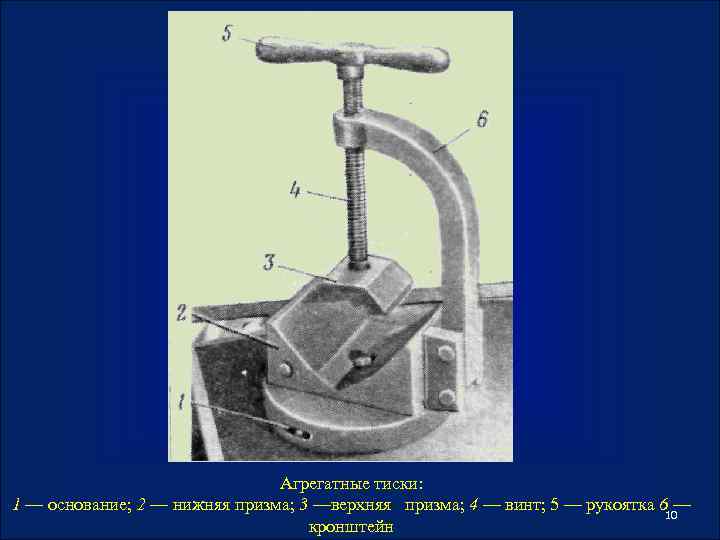 Агрегатные тиски: 1 — основание; 2 — нижняя призма; 3 —верхняя призма; 4 —