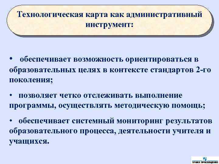 Технологическая карта как административный инструмент: • обеспечивает возможность ориентироваться в образовательных целях в контексте