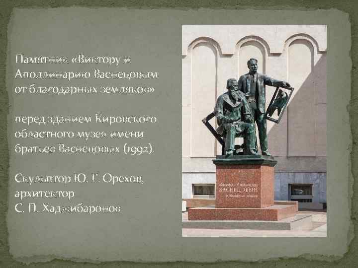 Памятник «Виктору и Аполлинарию Васнецовым от благодарных земляков» перед зданием Кировского областного музея имени