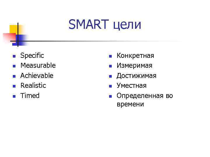 SMART цели n n n Specific Measurable Achievable Realistiс Timed n n n Конкретная