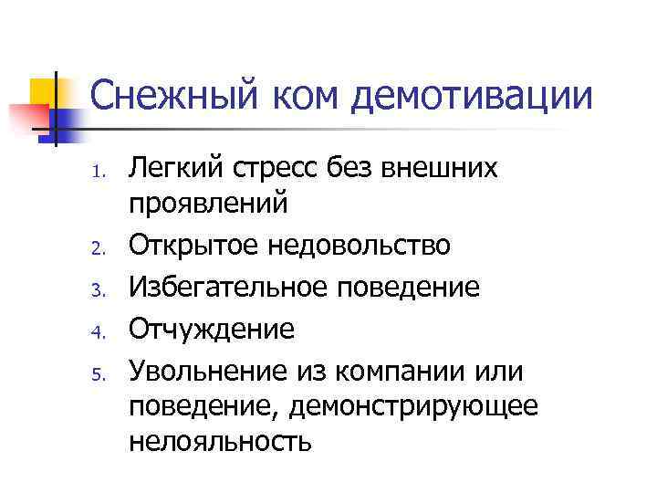 Снежный ком демотивации 1. 2. 3. 4. 5. Легкий стресс без внешних проявлений Открытое