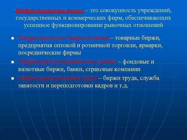 Инфраструктура рынка – это совокупность учреждений, государственных и коммерческих фирм, обеспечивающих успешное функционирование рыночных