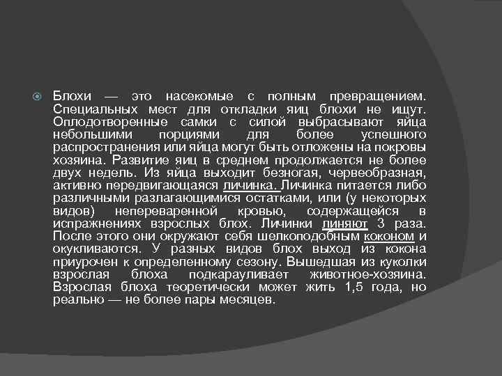  Блохи — это насекомые с полным превращением. Специальных мест для откладки яиц блохи