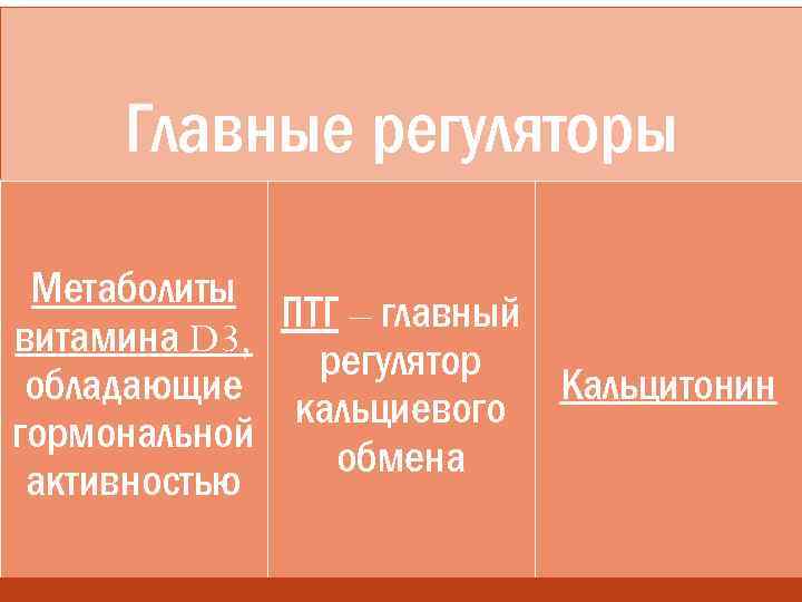Регулирование обмена кальция Главные регуляторы Метаболиты ПТГ – главный витамина D 3, регулятор Кальцитонин