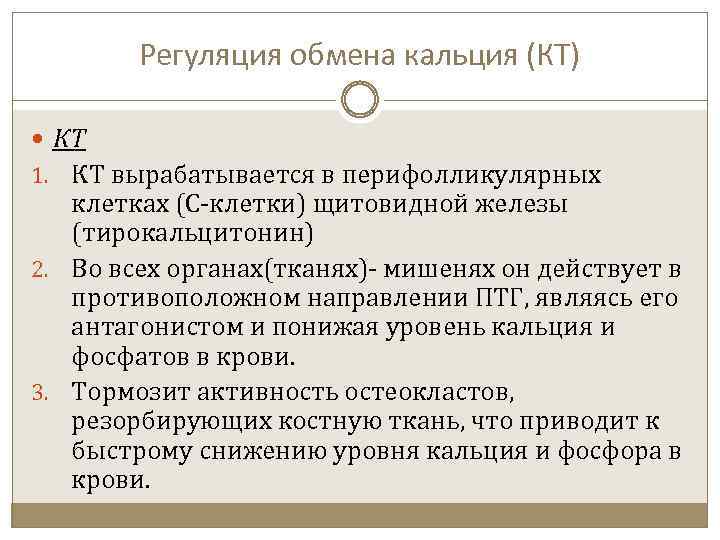 Регуляция обмена кальция (КТ) КТ 1. КТ вырабатывается в перифолликулярных клетках (С-клетки) щитовидной железы