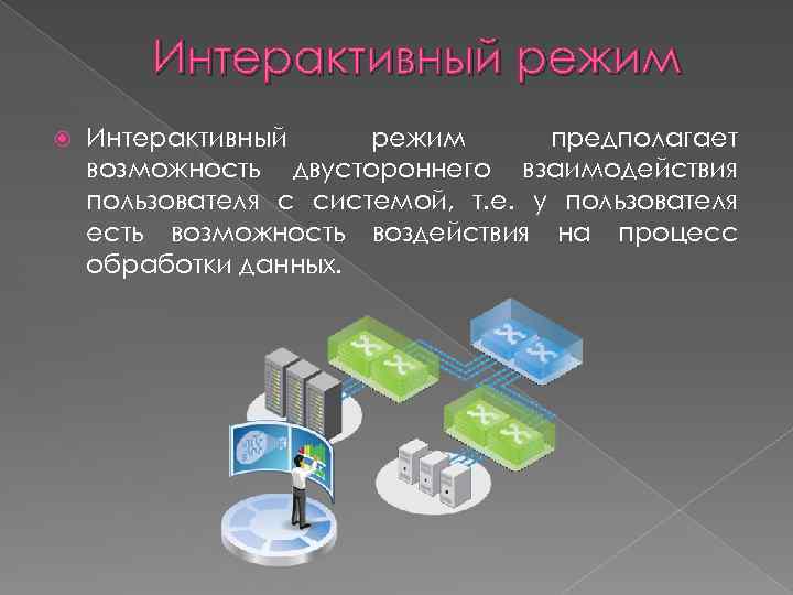 Интерактивный режим предполагает возможность двустороннего взаимодействия пользователя с системой, т. е. у пользователя есть
