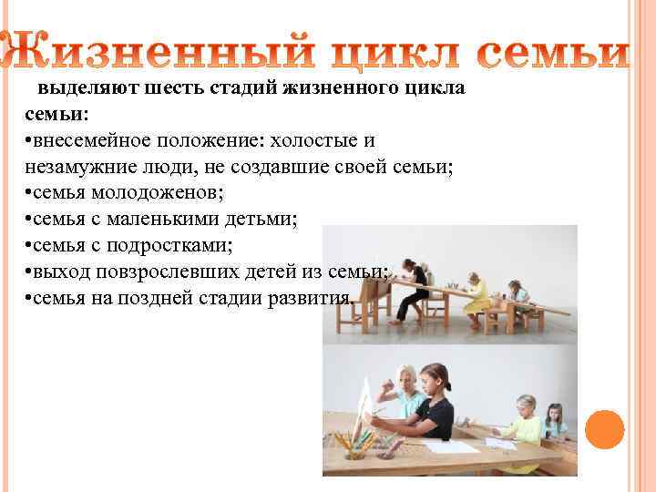 выделяют шесть стадий жизненного цикла семьи: • внесемейное положение: холостые и незамужние люди, не