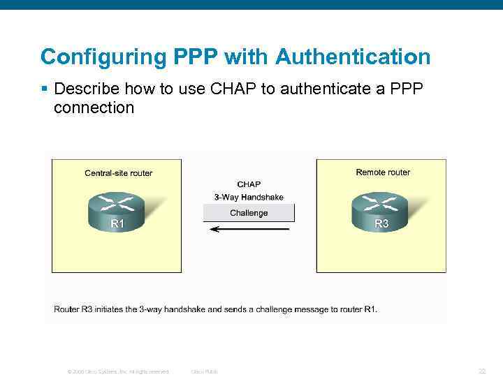 Configuring PPP with Authentication § Describe how to use CHAP to authenticate a PPP