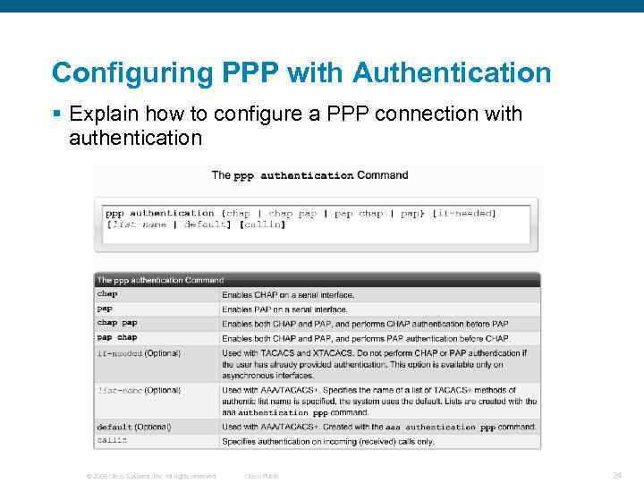 Configuring PPP with Authentication § Explain how to configure a PPP connection with authentication