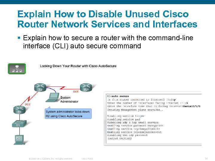 Explain How to Disable Unused Cisco Router Network Services and Interfaces § Explain how