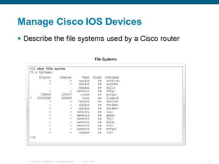 Manage Cisco IOS Devices § Describe the file systems used by a Cisco router