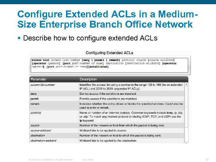 Configure Extended ACLs in a Medium. Size Enterprise Branch Office Network § Describe how