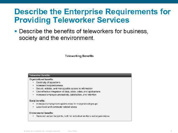 Describe the Enterprise Requirements for Providing Teleworker Services § Describe the benefits of teleworkers