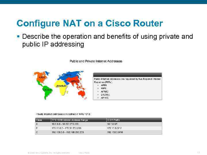 Configure NAT on a Cisco Router § Describe the operation and benefits of using