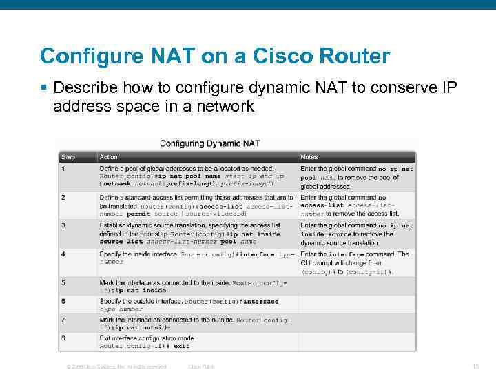 Configure NAT on a Cisco Router § Describe how to configure dynamic NAT to