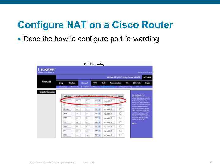Configure NAT on a Cisco Router § Describe how to configure port forwarding ©