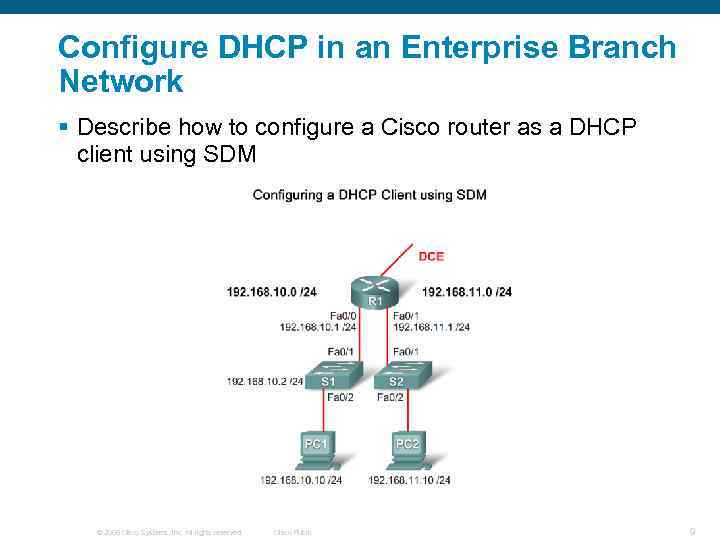 Configure DHCP in an Enterprise Branch Network § Describe how to configure a Cisco